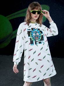 Rick and Morty X SHEIN 休閒卡通圖形下垂肩寬鬆連衣裙，春秋兩季款式 - 彩色 - 查看 4