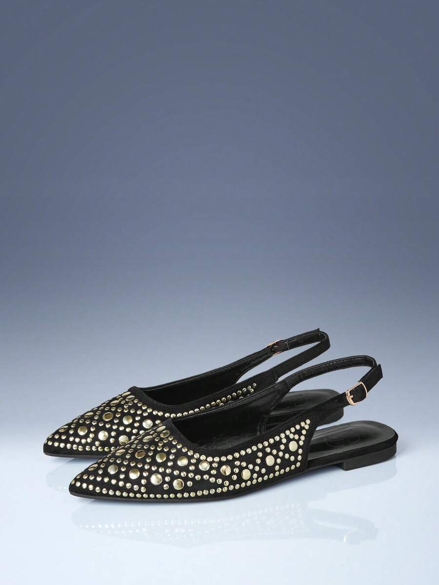 CUCCOO GRLICON French Black Rivet Pointed Back Strap Flats, Niche Design Sandals - Black - View 1