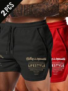GymBeat Men's Letter Print Drawstring Waist Pocket Sports Shorts - Black - View 1