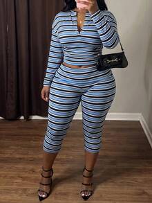 Slaydiva Setelan 2 Potong Wanita: Atasan Crop Lengan Panjang Berkerut Model Off Shoulder Warna Cokelat dan Legging Capri Pinggang Tinggi - Coklat - View 2