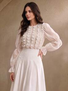 Anewsta Autumn/Winter Romantic French Chiffon Ruffle Petal Sleeve White Blouse - White - View 7