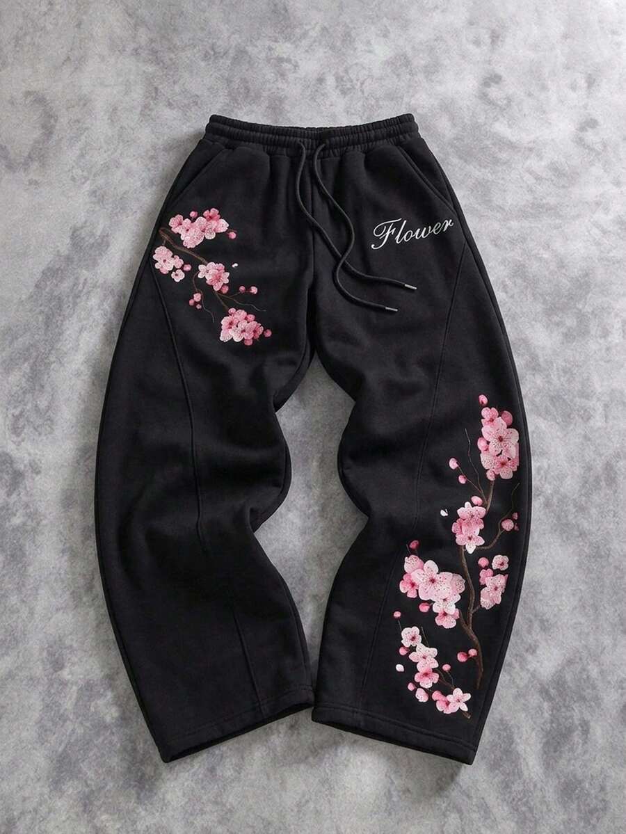 Manfinity ZONE917 男士字母花卉图案抽绳腰阔腿运动裤 - 黑色 - 查看 1