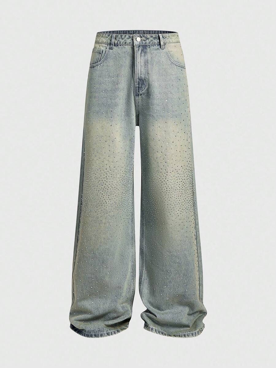 ROMWE MEN Street Life Spring Casual Men'S Vintage Blue Casual Glittering Rhinestone Loose Fit Jeans - Light Wash - View 1