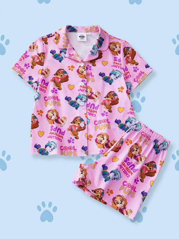 SHEIN | PAW Patrol Young Girl Cute Dog Print Short Sleeve Top And Shorts Pajama Set, Comfortable For Summer