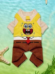 SpongeBob SquarePants | PETSIN 1件刺繡卡通條紋燈芯絨寵物連身衣，舒適吊帶褲適合貓狗穿著，柔軟舒適，適合日常穿著或可愛拍照造型 - 混合色 - 查看 1