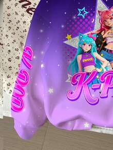 少女休閒可愛卡通女孩印花厚實柔軟舒適連帽衛衣，適合秋冬 K-POP 風格 - 彩色 - 查看 6