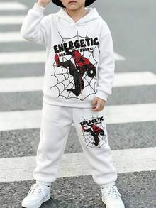 SHEIN Tween Boy Simple & Comfortable Autumn New Arrival Cool Street Style Spider Sports Style Long Sleeve Hooded Sweatshirt 2-Piece Set Suitable For Autumn/Winter - White - View 4