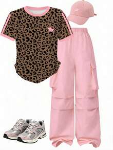SHEIN Teen Girls Pink Leopard Print T-Shirt And Cargo Pants Set, Casual Fashion Spring Summer Autumn Outdoor Wear - Multicolor - View 4