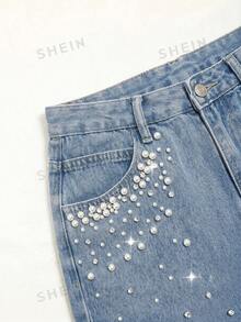 SHEIN Y2K Street Elegant Fashion Casual Women's Versatile Beaded Washed Denim Mid-Length Pants Date Everyday Light Blue Summer - Light Wash - View 7