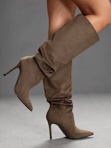 CUCCOO SZL Women's Rhinestone Pointed Toe Pleated Thigh High Boots, Fashionable For Date & Party Outfit For Christmas Spring Shoes - deep khaki - View 3