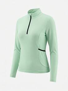 SHEIN Cheerettes 女款配色拼接立領休閒日常騎行長袖上衣 - 綠色 - 查看 3