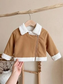 LMoss Kids 女嬰編織拼色人造毛大翻領休閒夾克 - 咖啡棕 - 查看 3