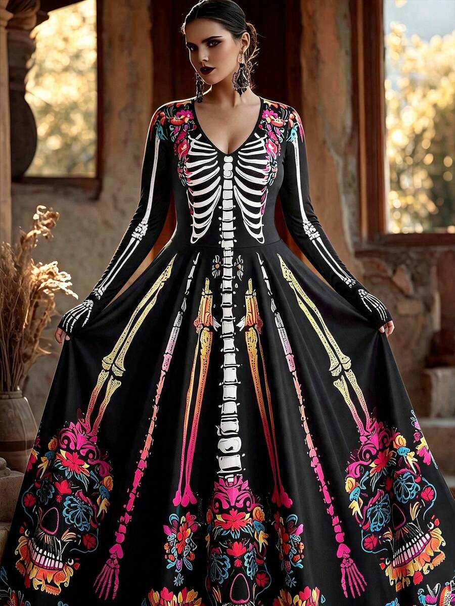 SHEIN LUNE CURVE Plus Size Women Skeleton Print V-Neck Long Sleeve Dark Style Dress - Multicolor - View 1