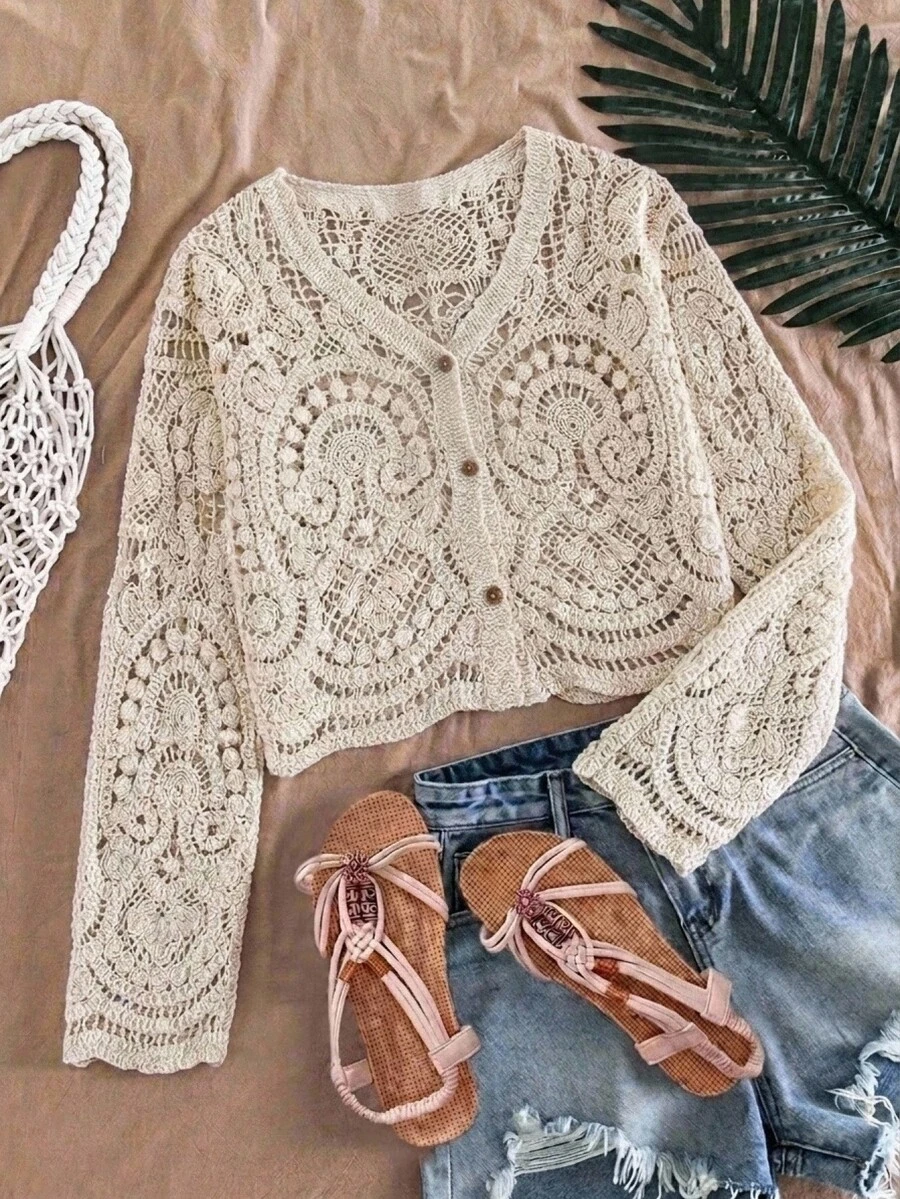 SHEIN Tween Girl Tween Girl Tween Girls Sweaters, Spring/Autumn Long Sleeve Beach Crochet Cardigan - Apricot - View 1