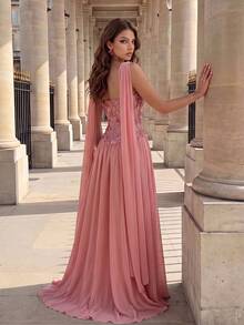 Poshira Women's Jacquard Ribbon Design Elegant Luxurious Cocktail Dress - Pink - View 2