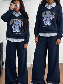 SHEIN Tween Girls Hoodie Fall Outfits 2pcs/Set S Casual Set In Navy Blue, Layered Design. The Top Features A Clever, Fall, Back To School, Minimalist, Loose - Navy Blue - View 1
