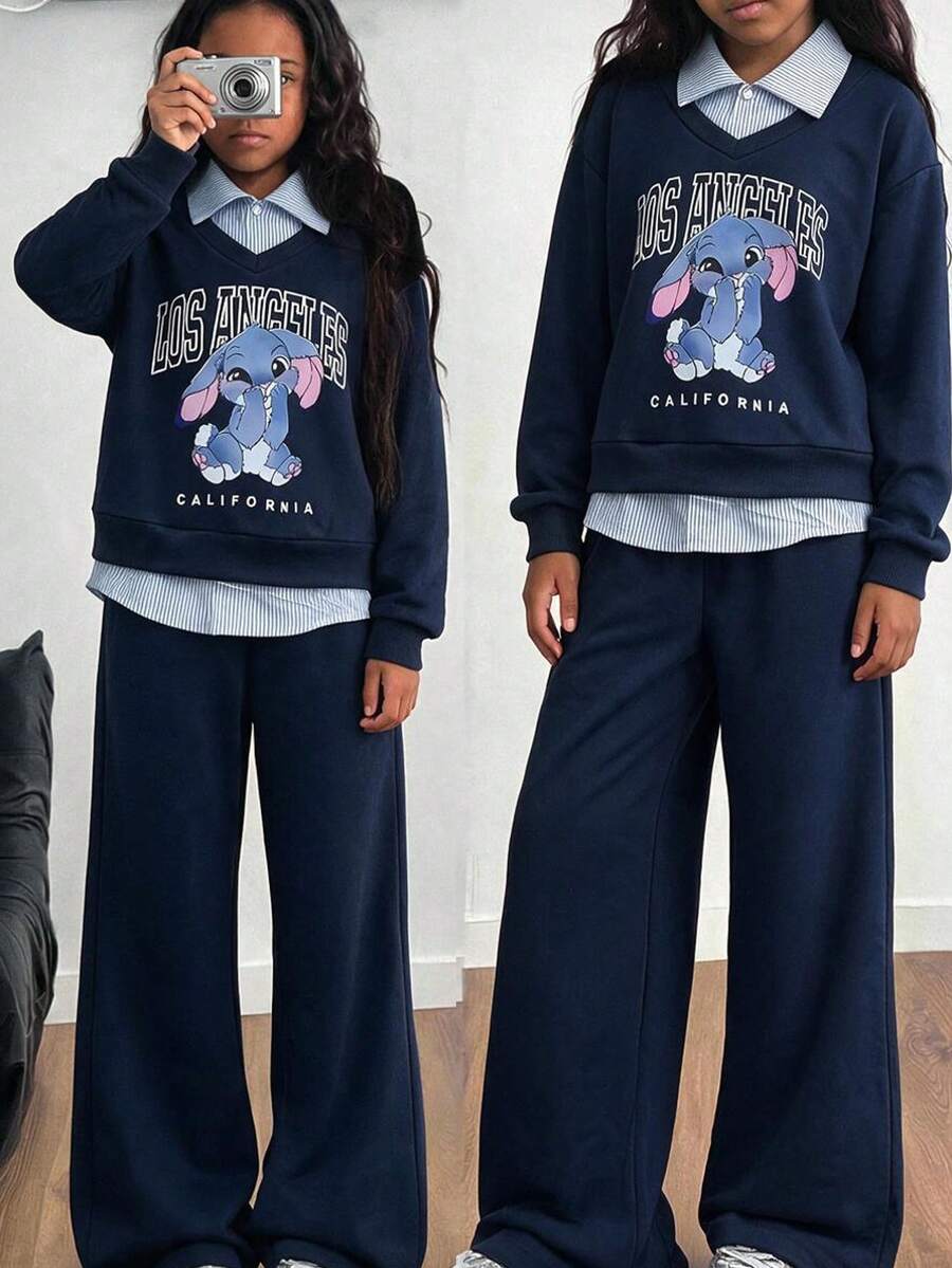 SHEIN Tween Girls Hoodie Fall Outfits 2pcs/Set S Casual Set In Navy Blue, Layered Design. The Top Features A Clever, Fall, Back To School, Minimalist, Loose - Navy Blue - View 1