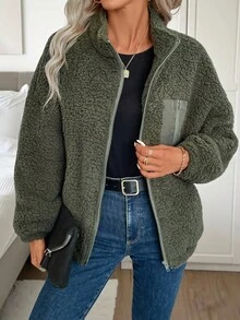 SHEIN LUNE 秋冬款拉鍊落肩泰迪夾克，休閒風 - 綠色 - 查看 9