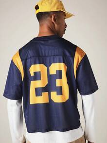 SUMWON Oversized Mesh Football Jersey With Gold Color Block Panels Script Logo Front Number 23 Back Crew Neck Short Sleeve Top,Oversized Jerseys For Men - Royal Blue - View 6
