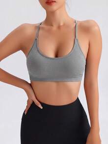 SHEIN Sports Sujetador deportivo sin costuras de color liso con espalda descubierta y cuello halter - Gris Claro - Ver 2