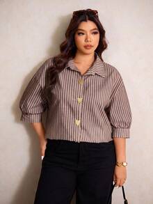 Elaquor Plus Size Casual Commuter Striped Shirt - Brown - View 7