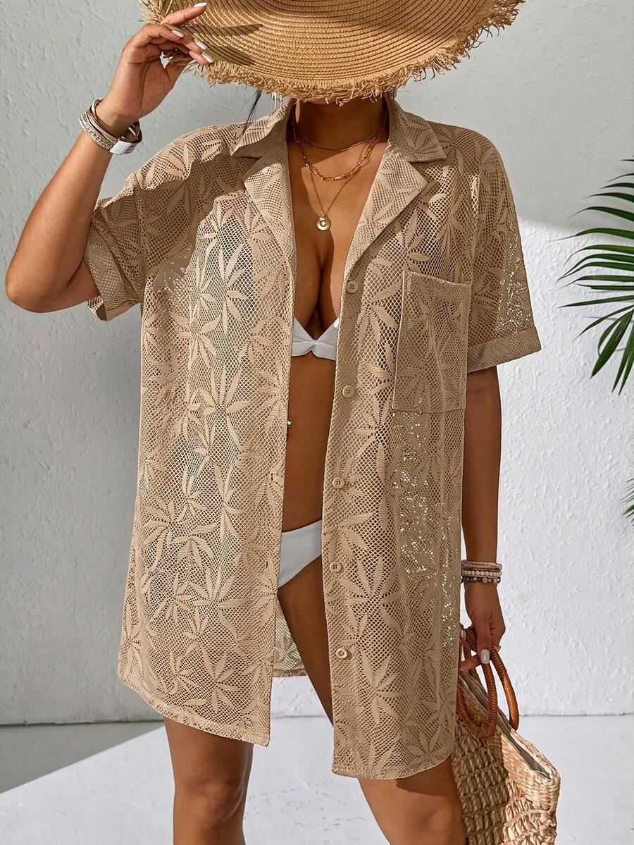 SHEIN Swim 夏季泳裝新款女款沙灘度假優雅熱帶波西米亞休閒卡其色鏤空紋理布料短袖翻領襯衫洋裝和服 - 卡其色 - 查看 1