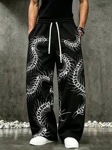 ROMWE MEN Goth Pantalones de chándal para hombre con estampado de bloques de color y cintura con cordón - Negro - Ver 1