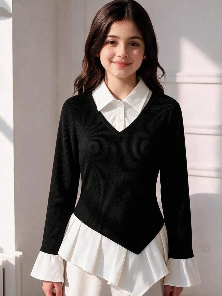 青少年女孩印花修身鈕扣長袖休閒襯衫,適合青少年女孩秋季穿著 - 彩色 - 查看 1
