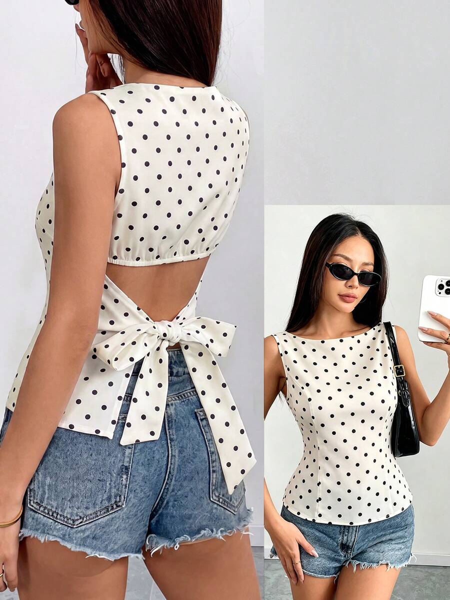 SHEIN 女款法式性感修身無袖露背綁帶蝴蝶結短版上衣,適合夜晚外出與度假,夏季白色與黑色波點 - 白色 - 查看 1