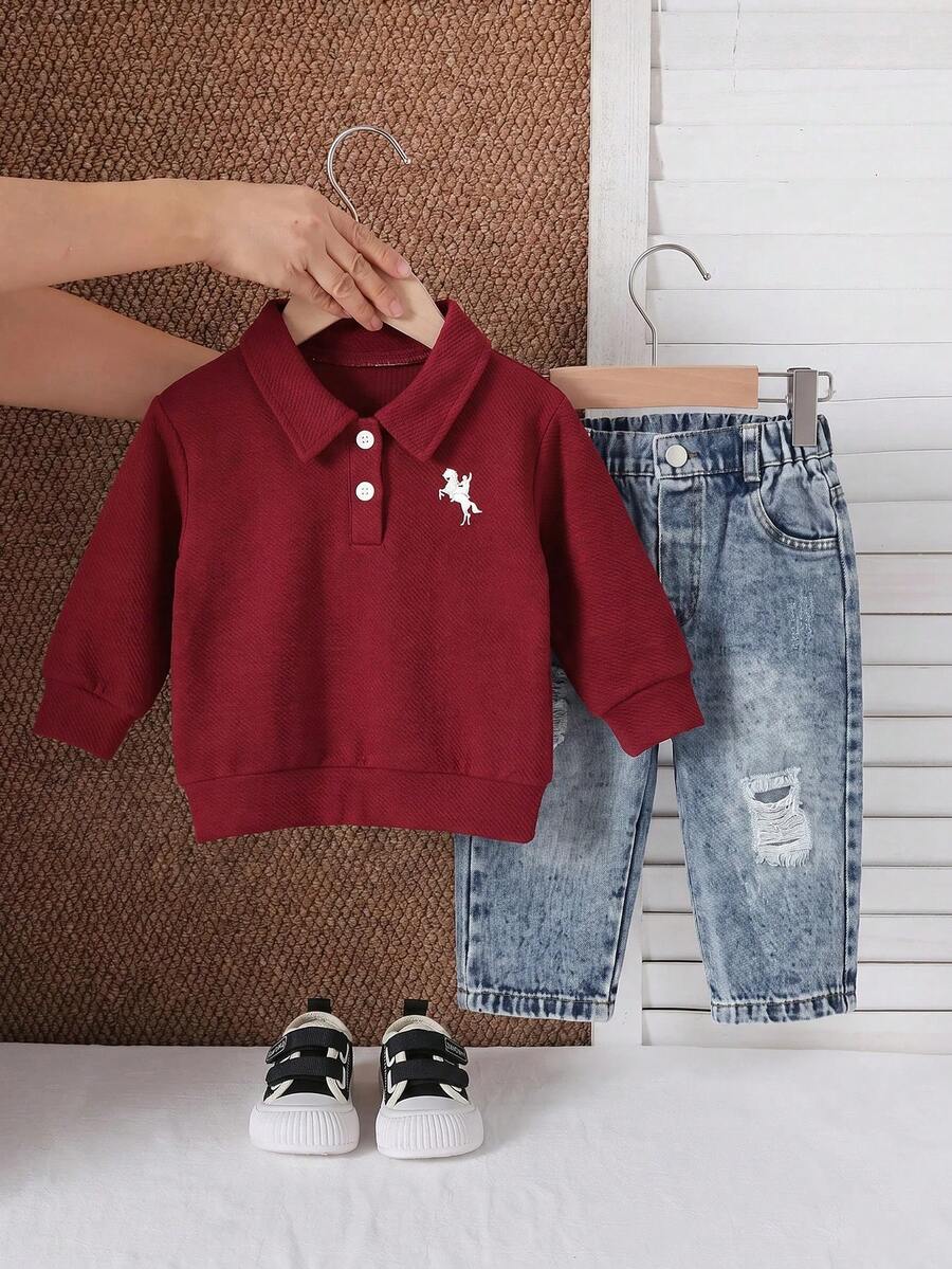 Baby Boy Button Half-Placket Knight Embroidery Sweatshirt And Distressed Pocket Jeans Set - Red - View 1