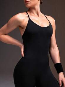 Powerista Women's Minimalist Solid Color Tight Fit Sports One-Piece Long Pants Yoga - Black - View 5