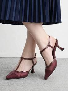 CUCCOO BIZCHIC 法式復古尖頭網布 T 型帶扣小貓跟女鞋 氣質百搭通勤女高跟鞋 - 酒紅色 - 查看 5
