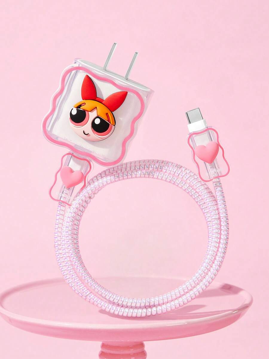 THE POWERPUFF GIRLS X SHEIN Data Cable Protector, Suitable For IPhone Charger, 4-Piece Set Of Mobile Phone Cable Protectors, Charger Protector (Excluding Data Cable) - Blossom-Pink - View 1
