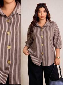 Elaquor Plus Size Casual Commuter Striped Shirt - Brown - View 2