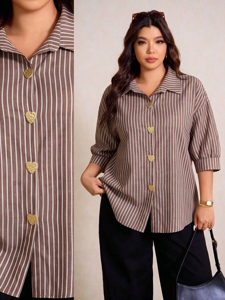 Elaquor Plus Size Casual Commuter Striped Shirt