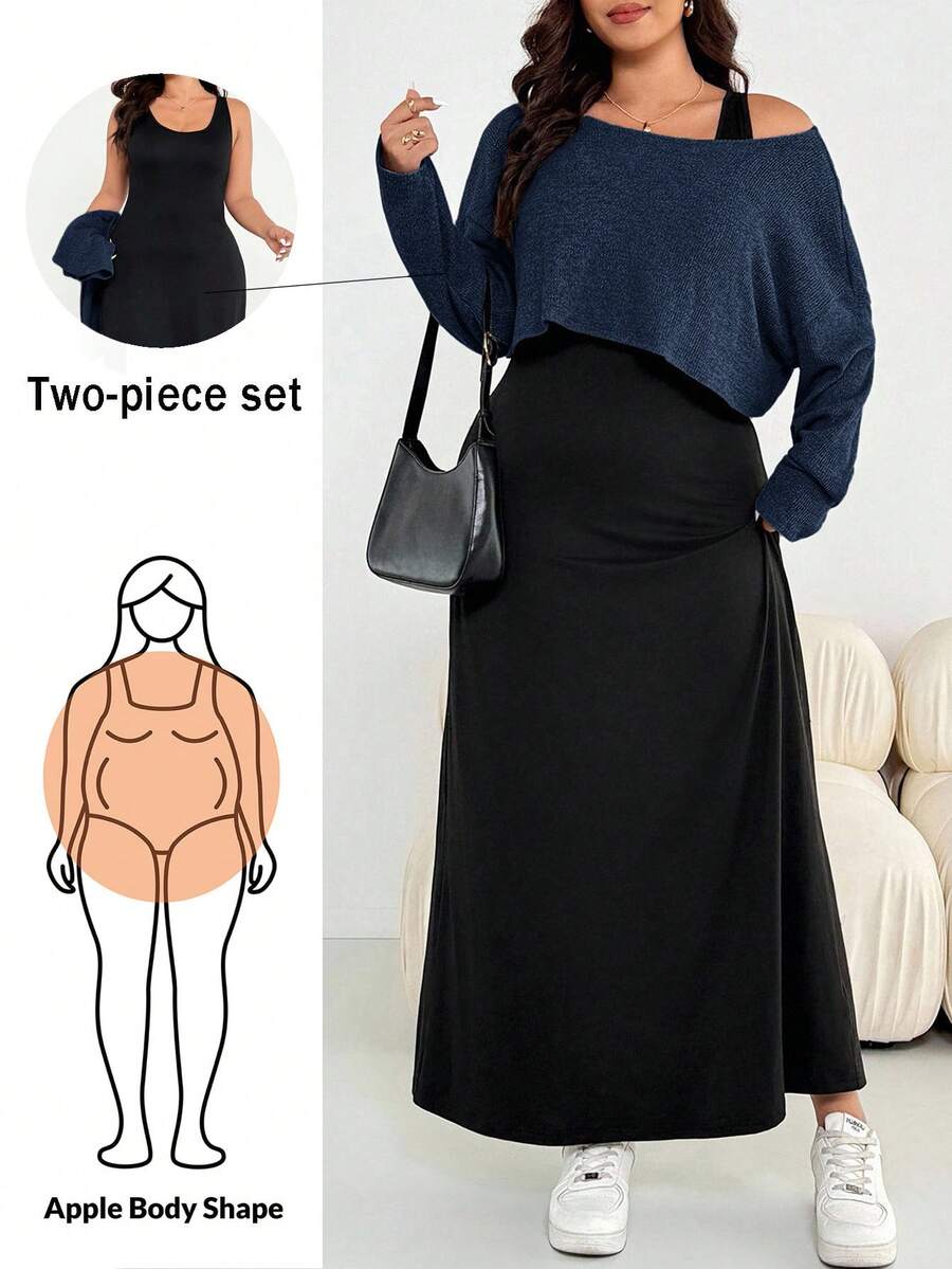 Shapeblank Setelan 2 Potong Wanita Ukuran Besar Berwarna Polos, Gaun dan Atasan Lengan Panjang, Modis untuk Musim Gugur