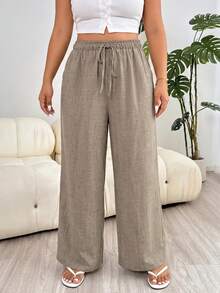 SHEIN PETITE CURVE Plus Size Casual Loose Pants For Vacation Bussines Vacation Khaki Summer Bussines Vacation - Camel - View 4