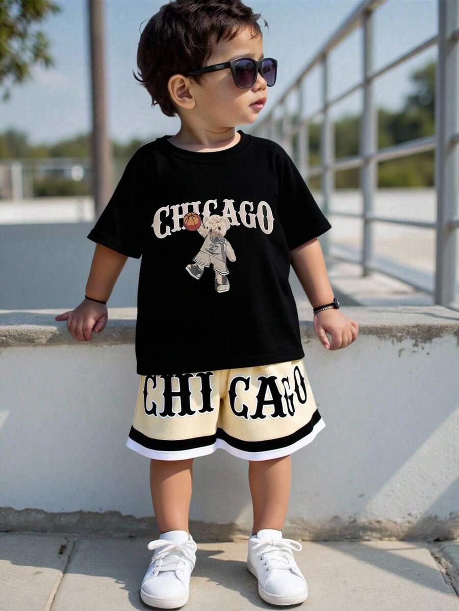 SHEIN 2pcs/Set Baby Boy Cute Summer Sports Cartoon Graphic Short Sleeve Loose T-Shirt&Elastic Waist Color Block Letter Print Shorts Set Streetwear - Multicolor - View 1