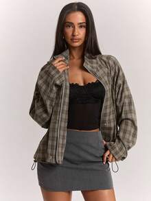 SHEIN BAE جاكيت كاجوال بنقشة مربعات للنساء، خريف - قهوة بني - مشاهدة 3