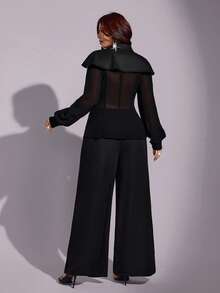 Viva Relle Plus Size New Decal See-Through Chiffon Mesh Sleeve Suit Wide Leg Pants Set For Women Commuting, Versatile Waist Cinching A Swing Fall - Black - View 2