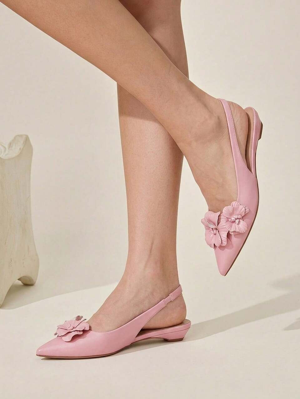CUCCOO CHICEST Women's 3D Floral Pointed Toe Low Heel Flat Shoes, Elegant Pink Open Back Low Vamp Shoes For Commuting And Dating