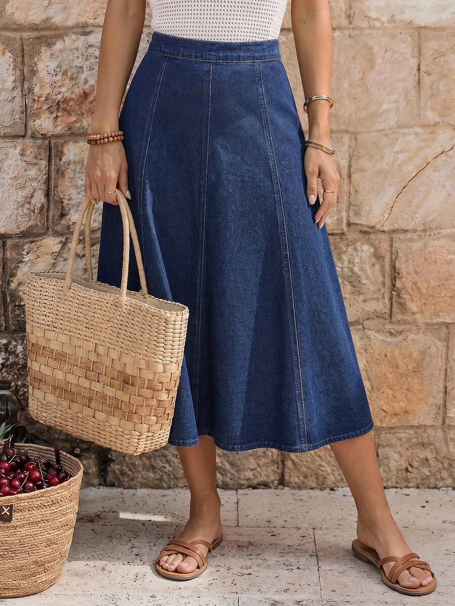 EMERY ROSE 高腰喇叭牛仔裙 - 深色水洗藍 - 查看 1
