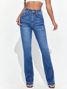 SHEIN Essnce Casual High-Waisted Flare Washed Denim Jeans - Light Wash - View 5