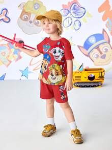 SHEIN | PAW Patrol 小男孩可愛卡通印花圓領T恤與短褲套裝 - 紅色 - 查看 6