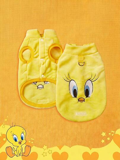 LOONEY TUNES X PETSIN 1pc Embroidered Yellow Small Yellow Bird Plush Warm Sleeveless Anti-Slip Jacket With Traction Buckle For Cats And Dogs, Great For Indoor Warmth Or Secure Outdoor Winter Walks