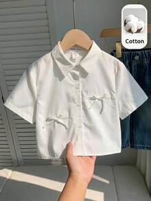 SHEIN 女童蝴蝶結裝飾短袖純色單排扣襯衫 開學季校園風 白色夏季 - 白色 - 查看 3