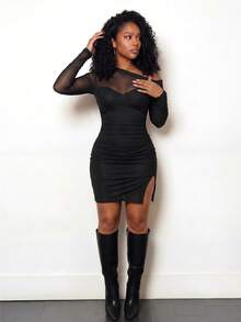 BamGleam 1pc Women's Oblique Shoulder Contrast Mesh Ruffle Hem Split Mini Dress Fall Cloth For Women - Black - View 7