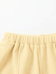 SHEIN Girlism 青少年女孩秋冬休閒抓絨內裡加厚運動衫套裝，紐約市印花寬鬆圓領落肩長袖套頭衫搭配同款印花百褶寬腿直筒運動長褲，2件式運動風套裝，麻灰色 - 黃色 - 查看 5