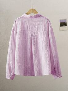 Sparklyn 青少年 13-19 歲米白色條紋長袖 Polo 刺繡襯衫 - 紫色 - 查看 2