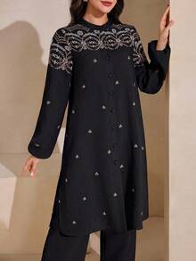 Graceveil 刺繡寬鬆外套與長褲女款日常阿拉伯服飾套裝 - 黑色 - 查看 6